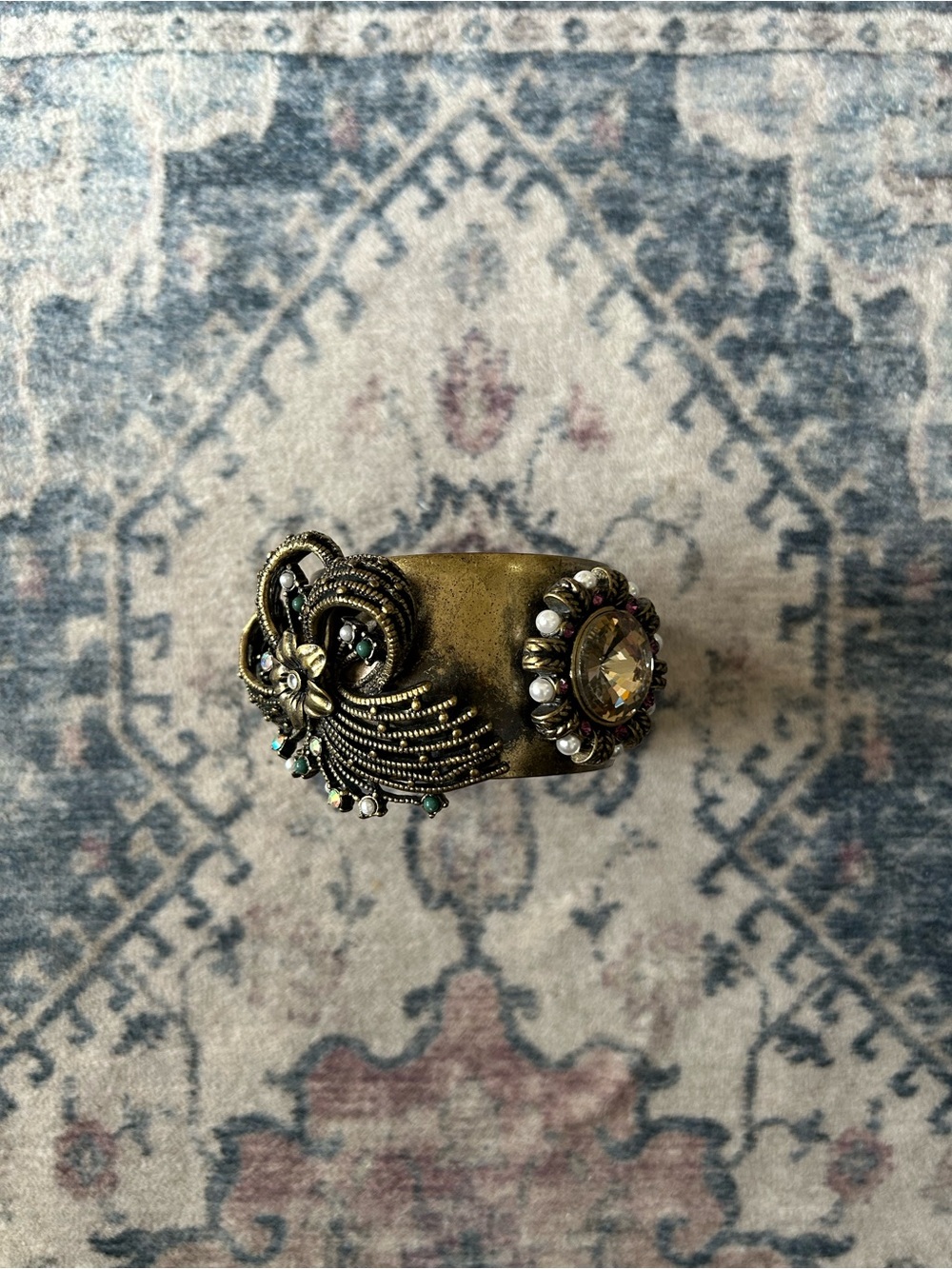 Spring Street Designs Antique Brass Floral Embellished Statement Cuff Bracelet